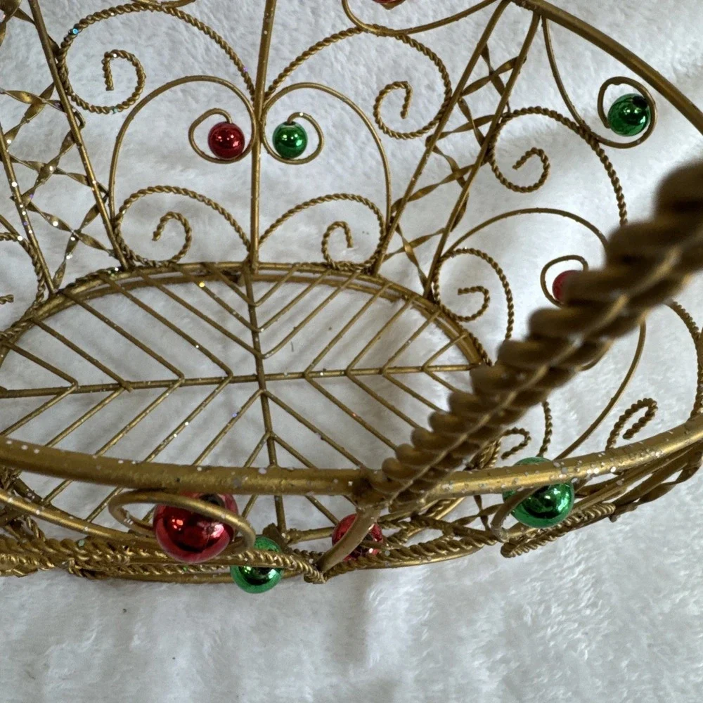 Gold‎ Wire Christmas Basket with Red and Green Ornaments Holiday Decor 11 inch